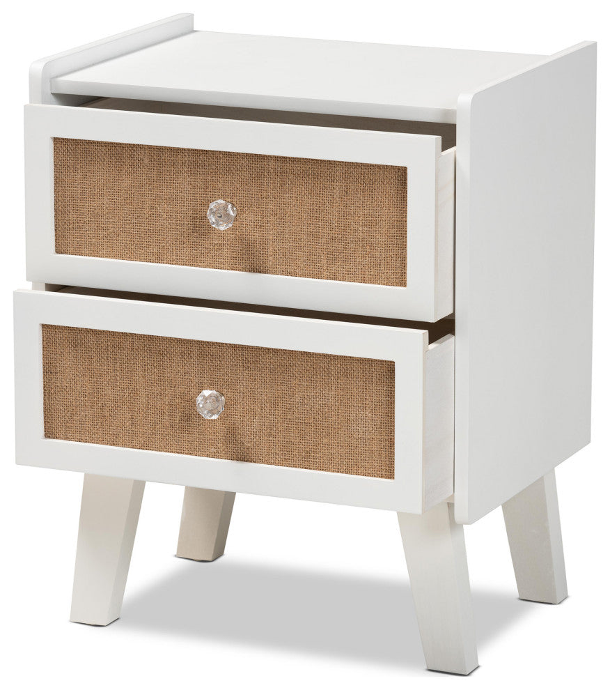 Zanna Transitional Oak Brown Rattan and White 2-Drawer Nightstand