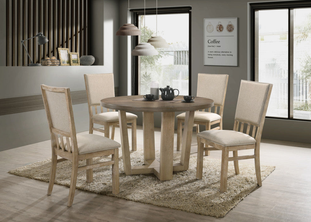 Brutus Walnut 5 Piece 47"W Round Dining Set, Wheat Colored Fabric Chairs