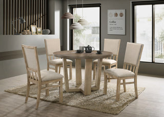 Brutus Walnut 5 Piece 47"W Round Dining Set, Wheat Colored Fabric Chairs