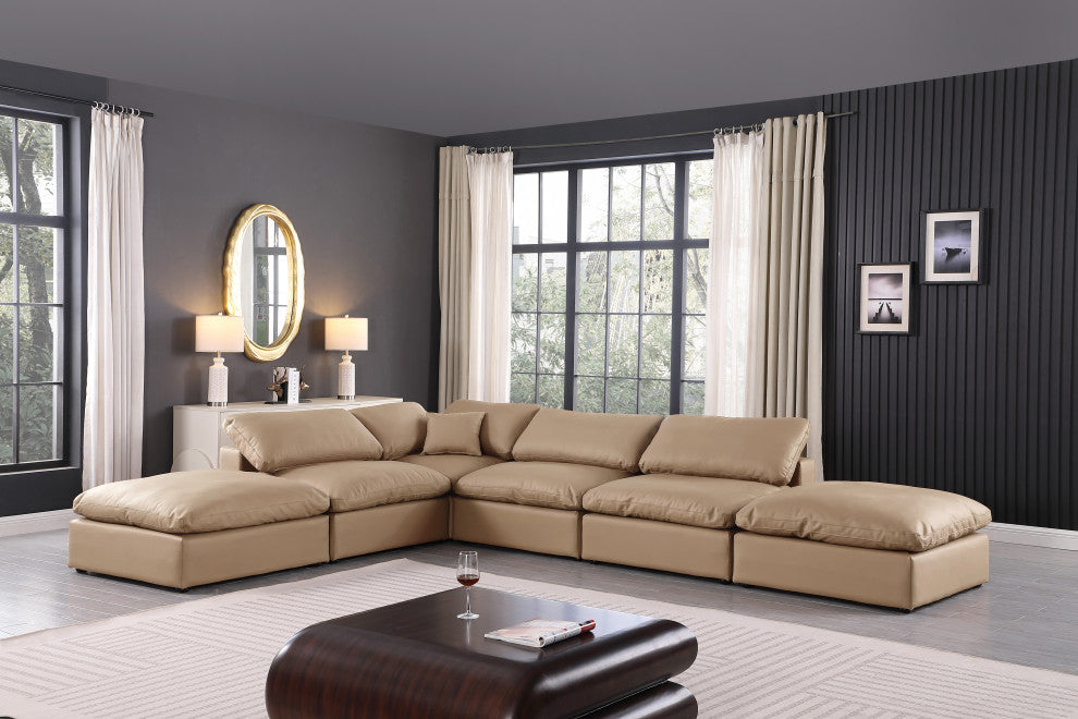 Comfy Upholstered L-Shaped Modular Sectional, Tan, 6-Piece: 3 Armless Chair, 1 Corner Chair, 2 Ottoman, Vegan Leather