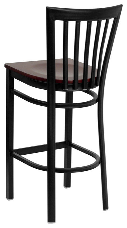 Black School House Back Metal Restaurant Barstool, Mahogany Wood Seat