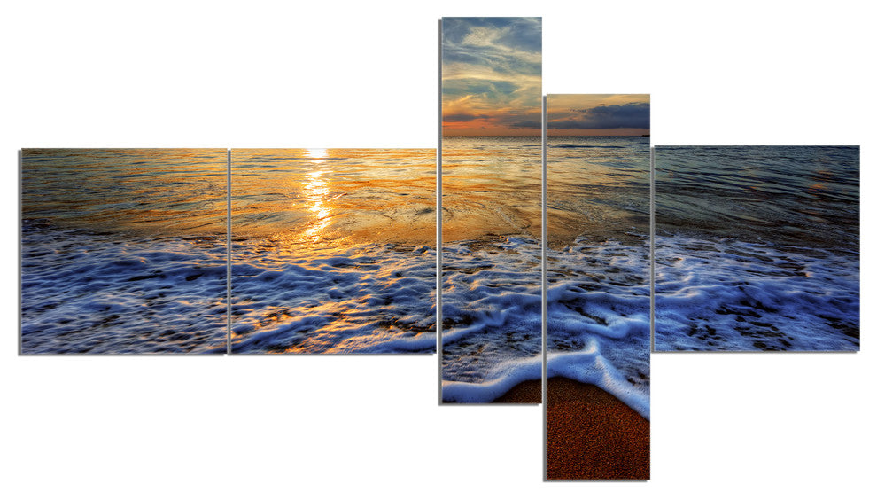 Peaceful Sandy Beach with Waves, Extra Large Canvas Art Print, 60"x32", 5 panels