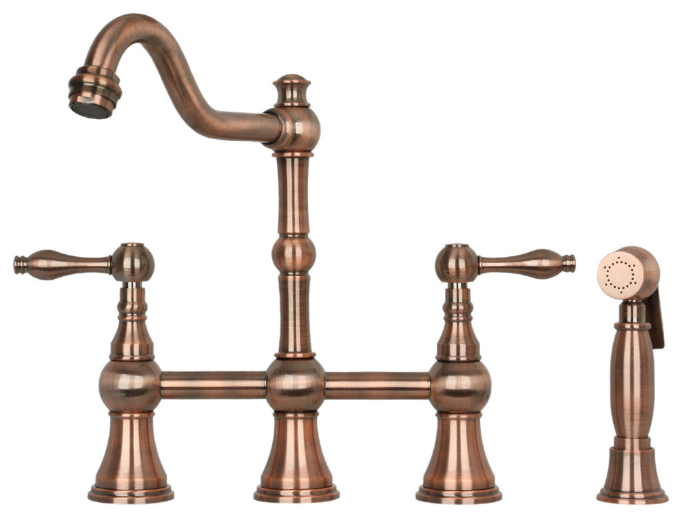 Two-Handles Copper Bridge Kitchen Faucet with Side Sprayer, Antique Copper