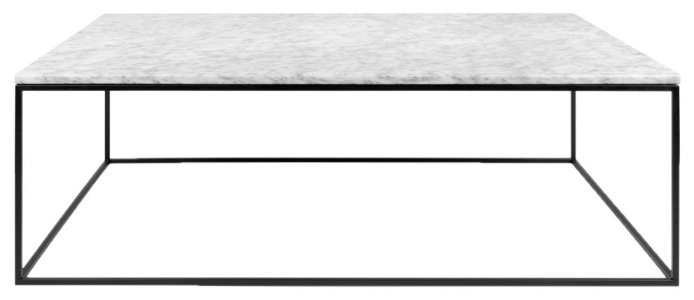 Modern Metal Rectangle Marble Top Coffee Table, White Marble/Black Base