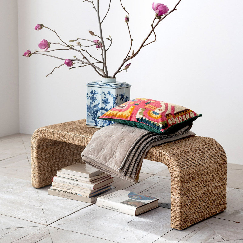 Woven Water Hyacinth and Acacia Wood Bench With Waterfall Edge, Natural