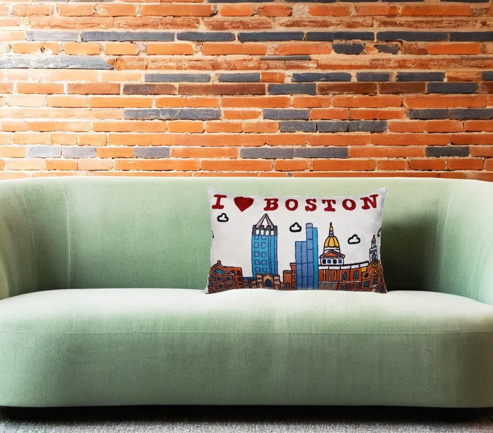 Lumbar Boston Decorative Pillow Cover Hand Embroidered Wool 14x24