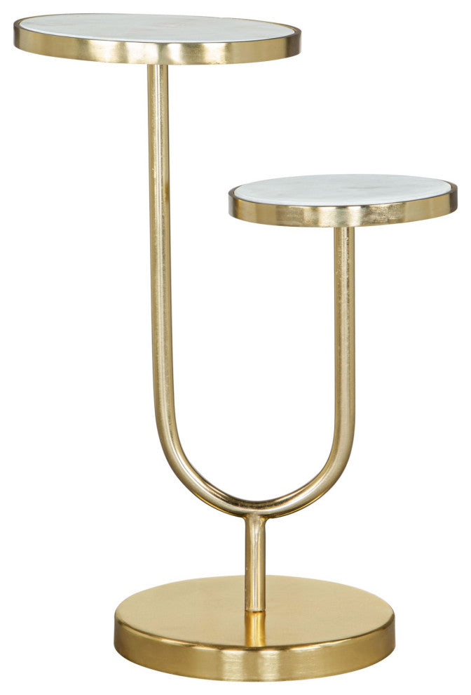 Sofa Side Table, Round, Artificial Marble, Iron Metal, White, Gold, Hospitality