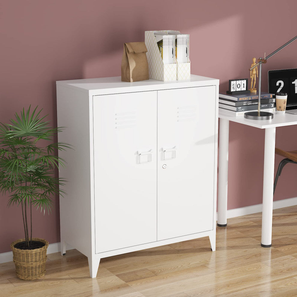 Metal Storage Cabinet, 2 Doors & 2 Shelves, 35.5", White, With Legs