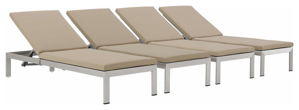Silver Beige Shore Chaise with Cushions Outdoor Patio Aluminum Set of 4