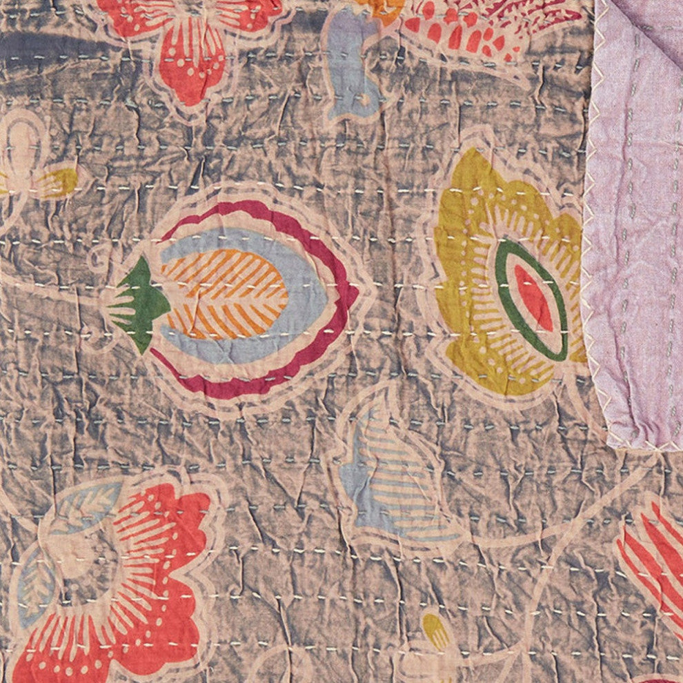 50"x70" Gray and Pink Kantha Cotton Floral Throw Blanket With Embroidery