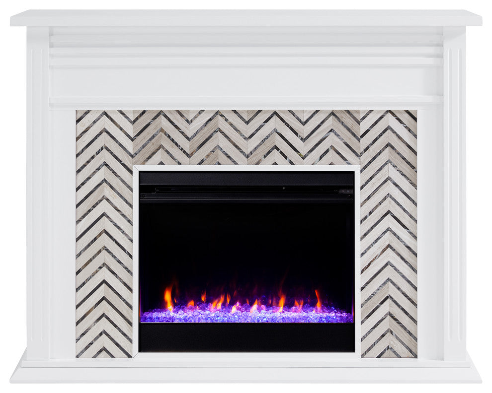 Hanston Tiled Marble Fireplace, White and Gray