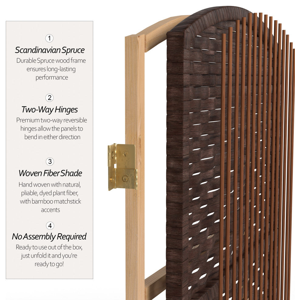 6' Tall Diamond Weave Fiber Room Divider, Dark Mocha, 4 Panel