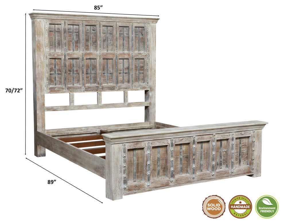 Solid Wood Panel Bed, White, King