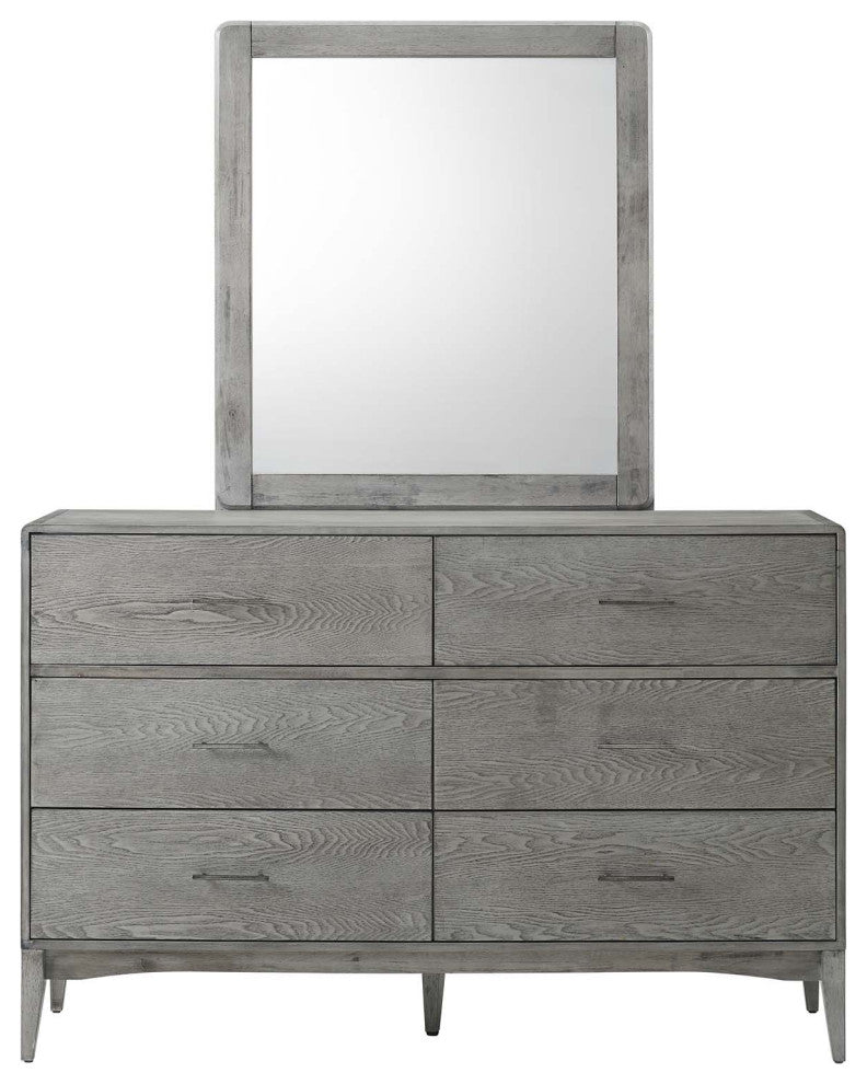 Dresser Drawer Chest Mirror Set, Wood, Gray, Modern Farmhouse Living