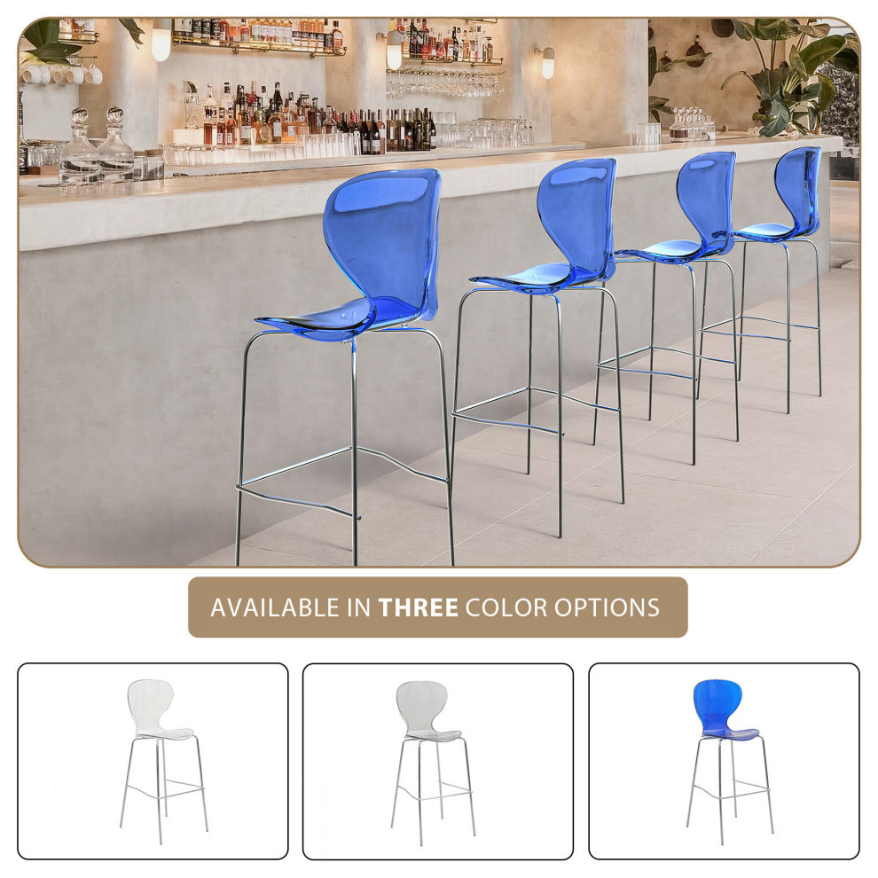 LeisureMod Oyster Acrylic Barstool With Steel Frame Set of 2, Transparent Blue