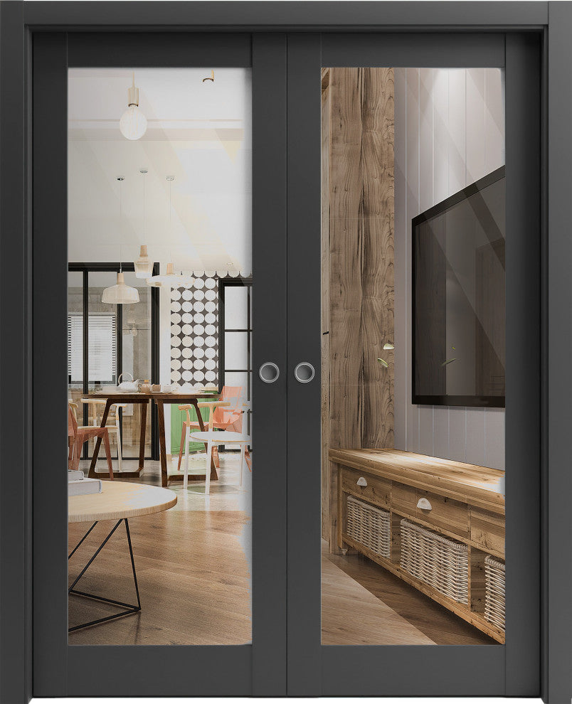 Sliding Double Pocket Door Clear Glass|Lucia 2166 Black Sturdy Doors 60x80