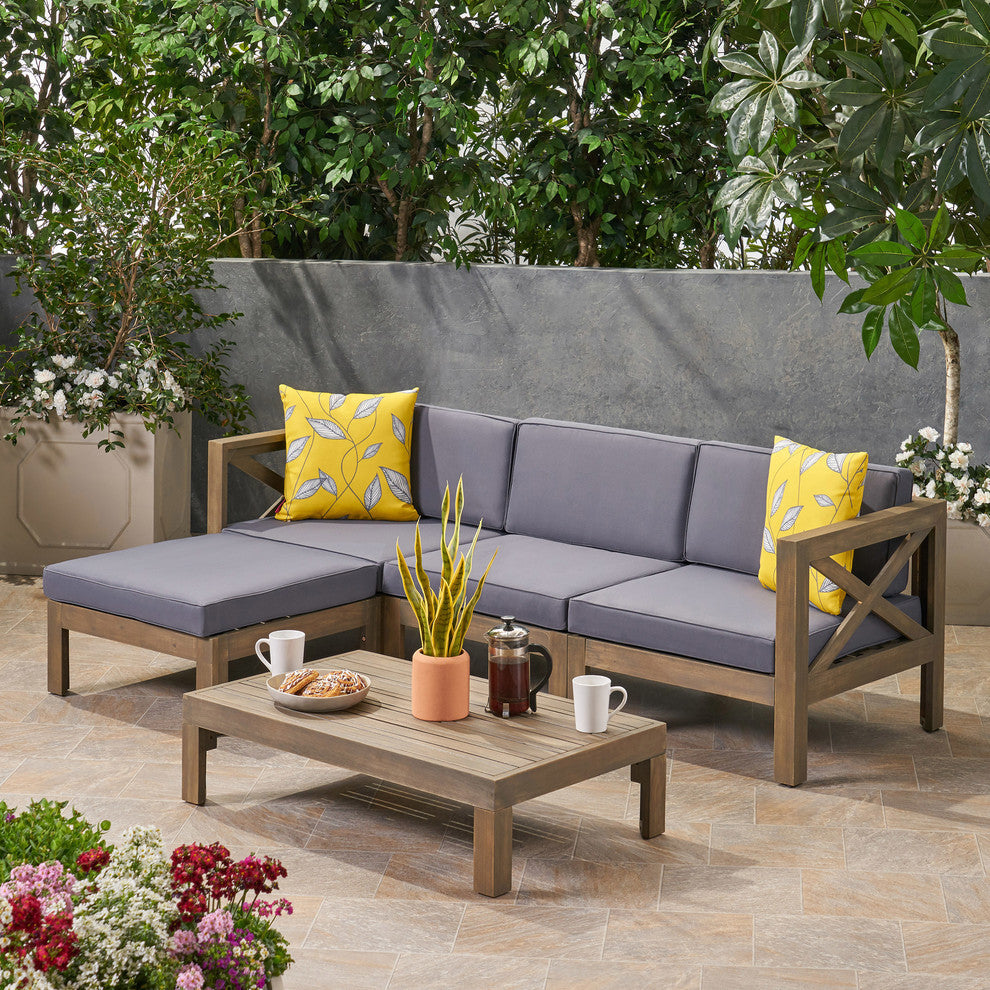 Mamie Outdoor Acacia Wood 5-Piece Sofa Set, Gray Finish, Dark Gray