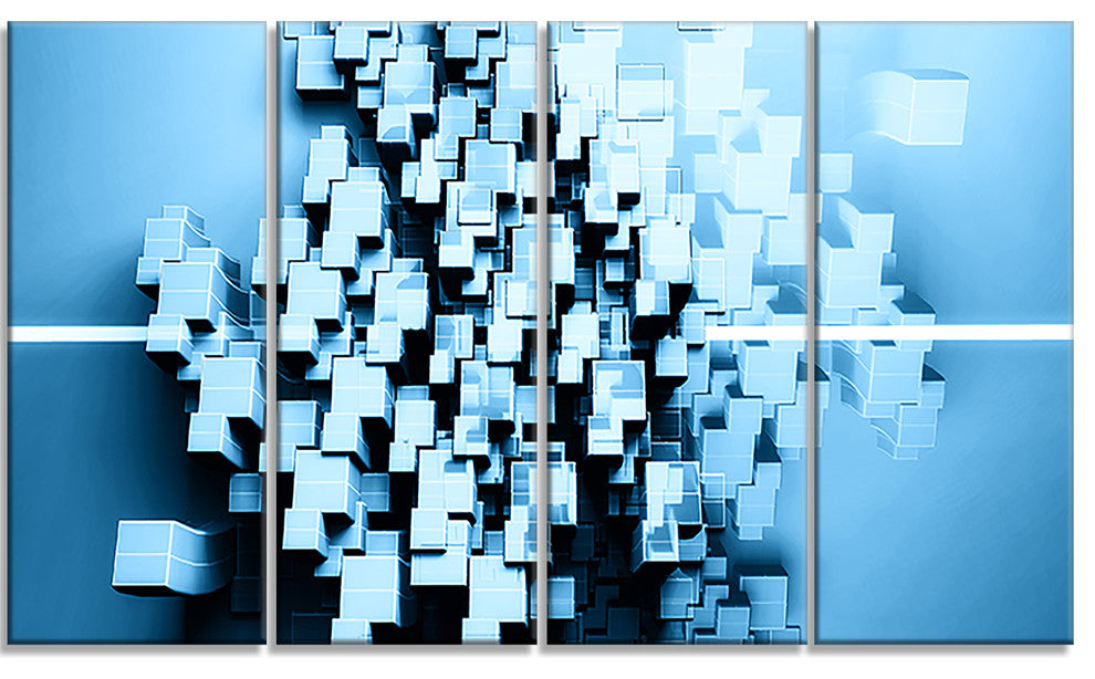Blue 3D Cubes Fractal Design, Abstract Canvas Wall Art Print, 48"x28", 4 Panels