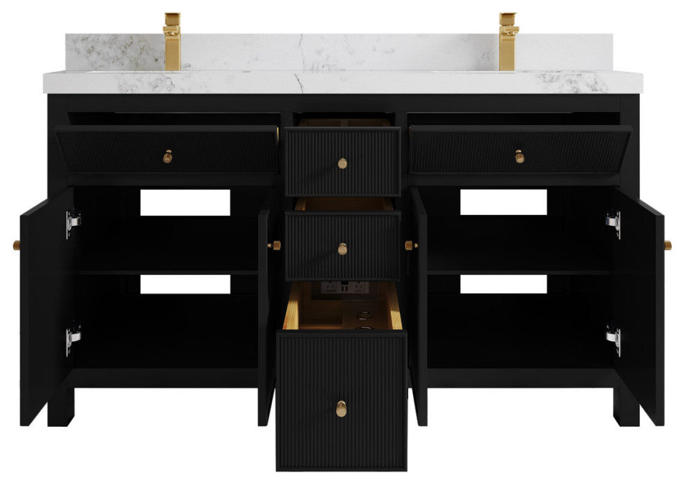 Sonoma 60 Double Sink Reeded Bathroom Vanity in Black 2" Calacatta Nuvo