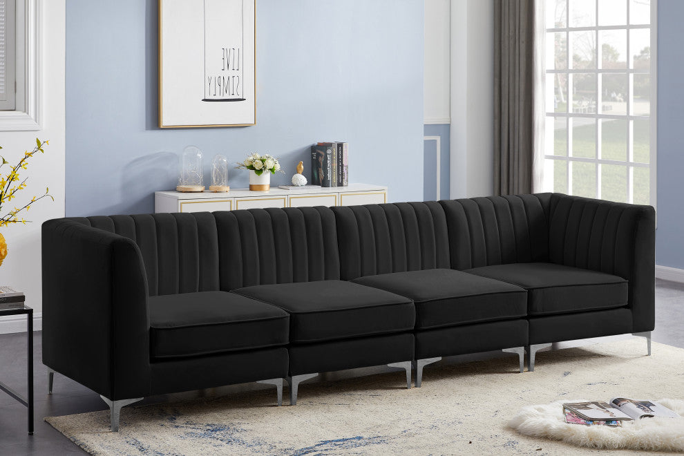 Alina Velvet Upholstered 4-Piece Modular Sofa, Black