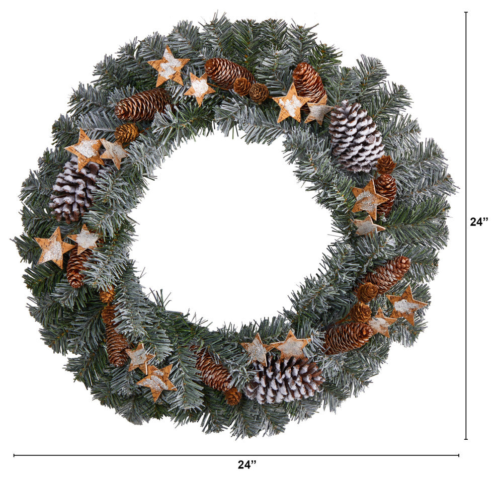 W1260 24 Christmas Winter Frosted Stars and Pinecones Holiday Wreath