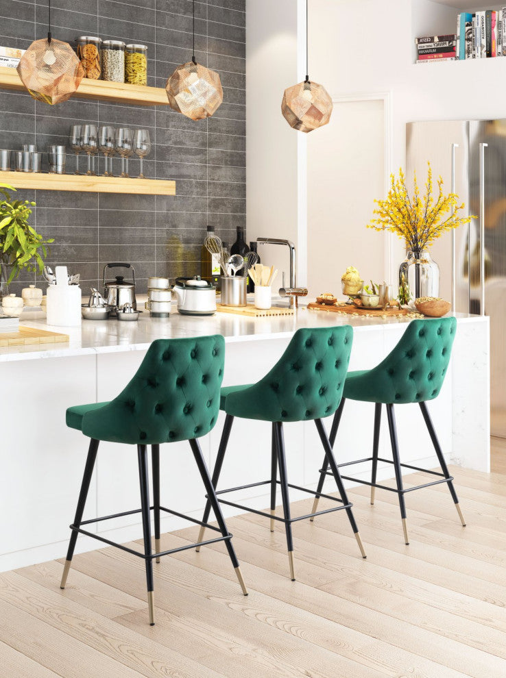 Counter Stool Chair, Steel Metal, Fabric, Green, Black, Gold, Cafe Bistro