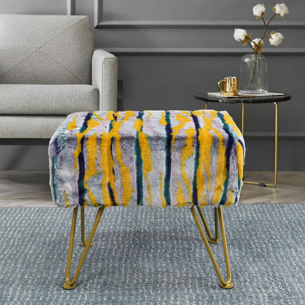 Multi Jacquard Faux Fur Ottoman, Teal, 19"x13"x7"