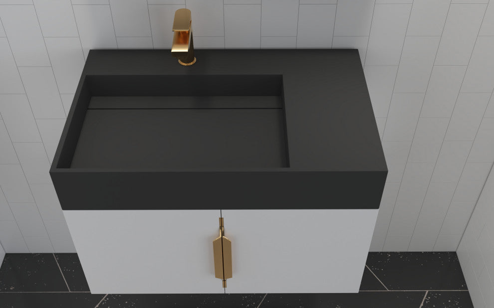 CastelloUSA Amazon 30" Left Wall Mounted Bathroom Vanity Set, White, Black Top, Gold Handles