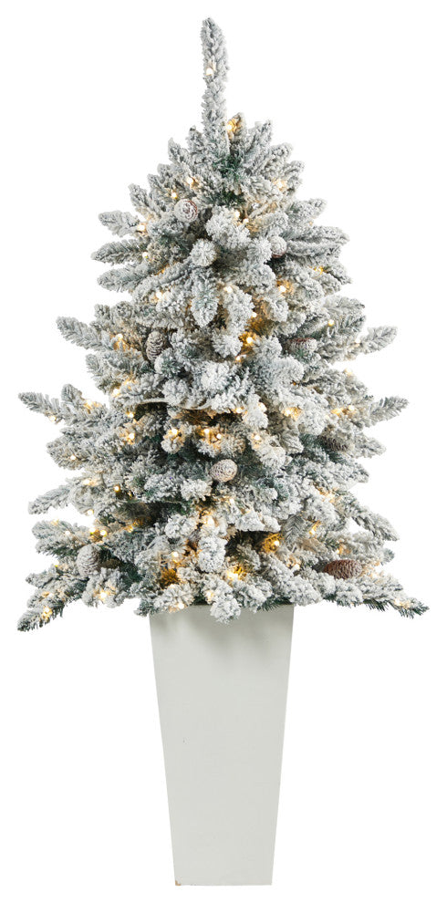 4.5' Flocked Livingston Fir Faux Xmas Tree W/Pinecones & Lights, Tall Planter