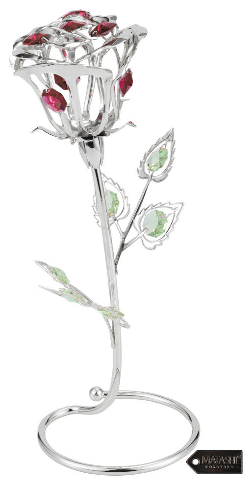 Matashi Silver Plated Rose Flower Tabletop Ornament With Red Pink Green Crystals