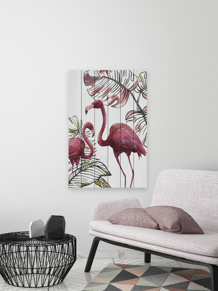 "Tropical Flamingos I" Painting Print on White Wood, 12"x18"