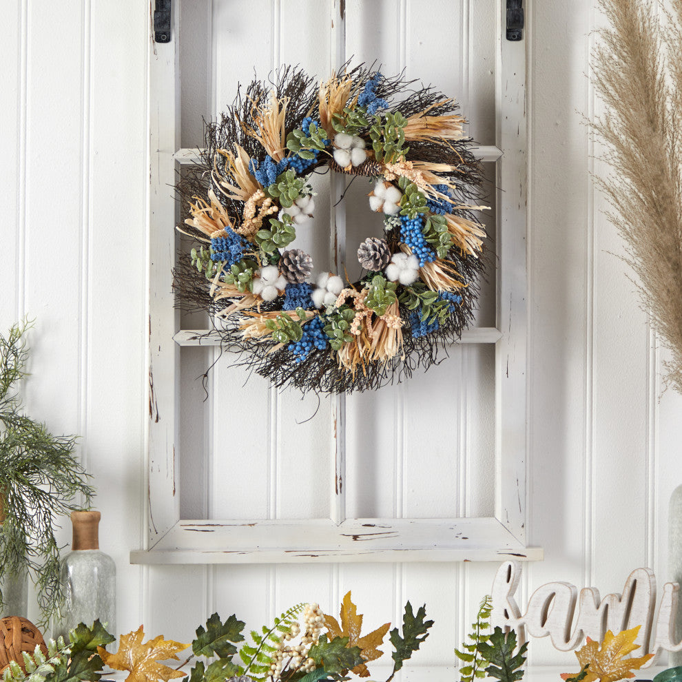 22" Autumn Cotton, Eucalyptus, Berries and Pinecones Artificial Fall Wreath
