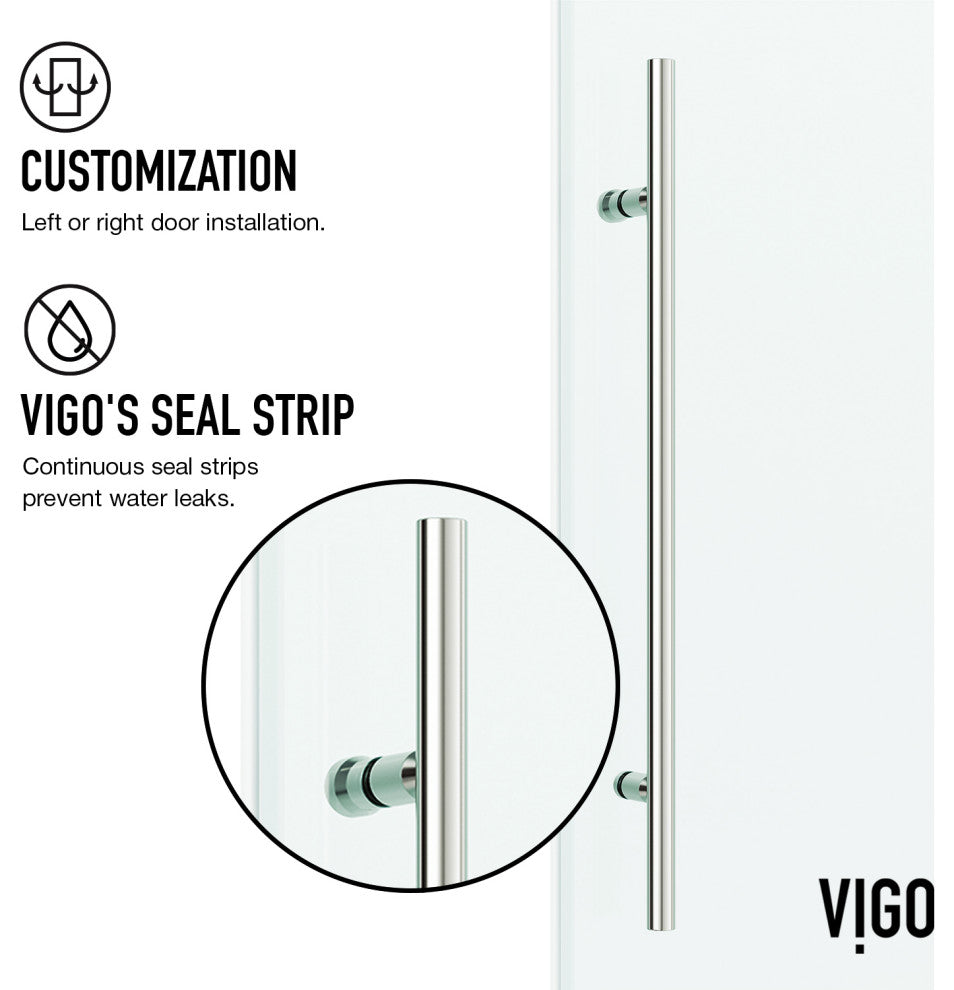 VIGO Elan E-Class Frameless Sliding Shower Enclosure, Stainless Steel, 36" D X 48" W X 82" H, Right Base