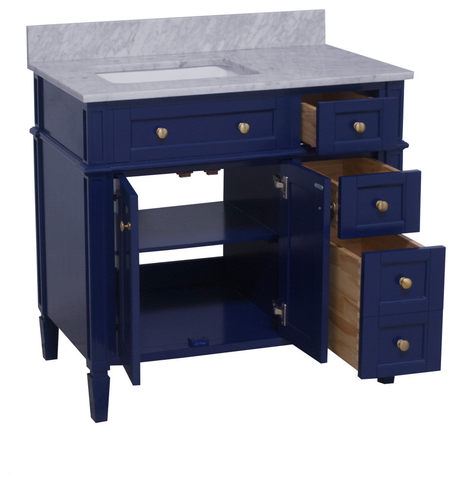 Hailey 36" Bathroom Vanity, Royal Blue, Carrara Marble
