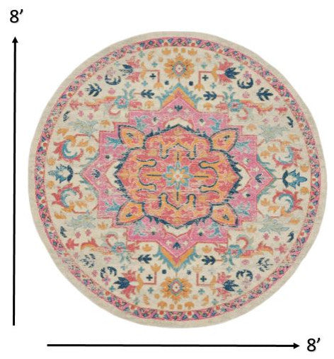 8' Pink And Ivory Round Southwestern Dhurrie Area Rug