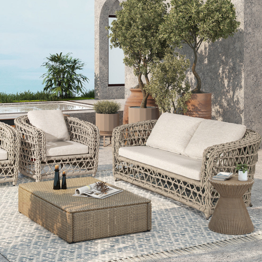 Everly 3-Piece Olefin Rope Woven Barrel Deep Seating Patio Conversation Set, Oat Beige Axroma Olefin