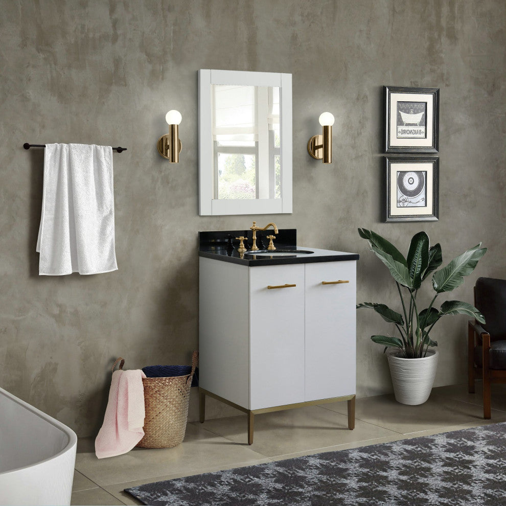 25" Single Sink Vanity, White Finish With Black Galaxy Granite And Oval Sink