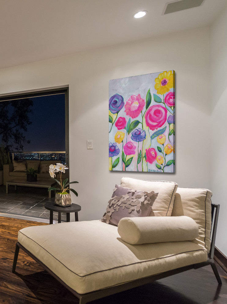 "Flowers Grey" Painting Print on Wrapped Canvas