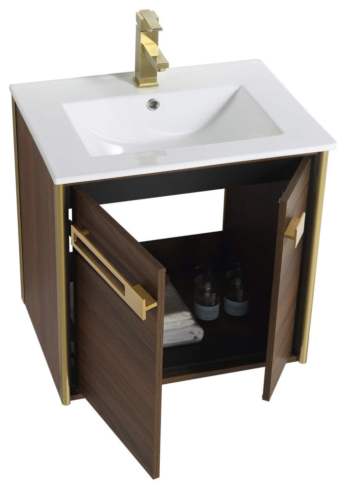 Oakville Wall Mount Bathroom Vanity, Walnut Ebony, 24", Satin Brass Hardware
