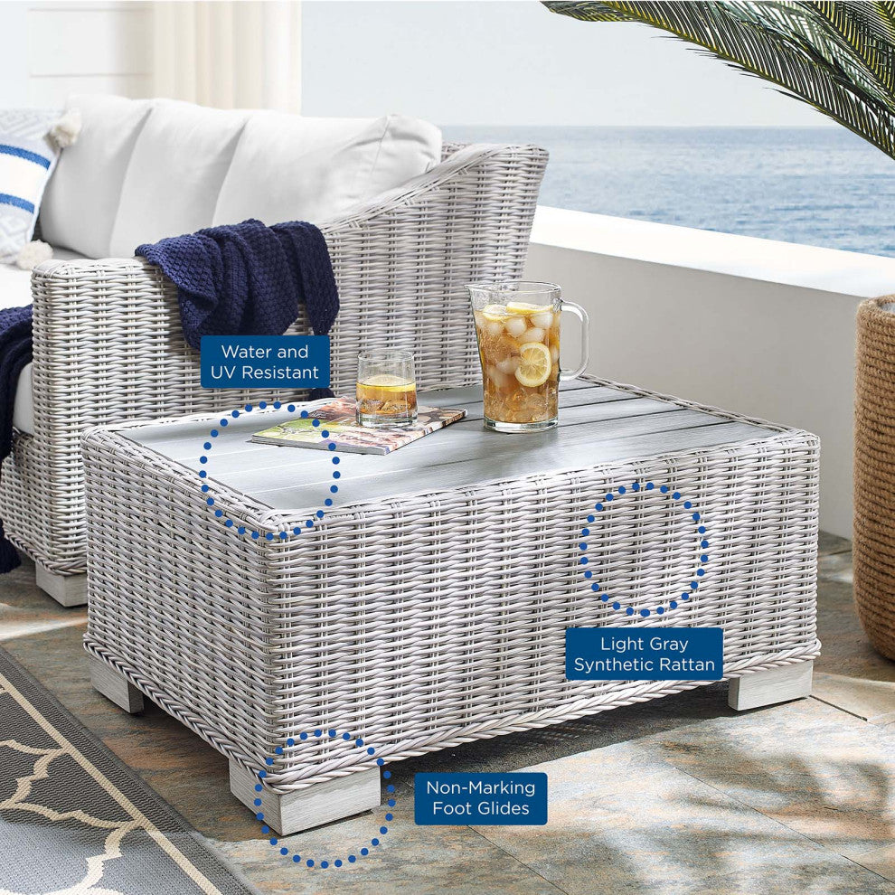Lounge Coffee Table, Rectangular, Rattan, Wicker, Gray, Modern, Outdoor
