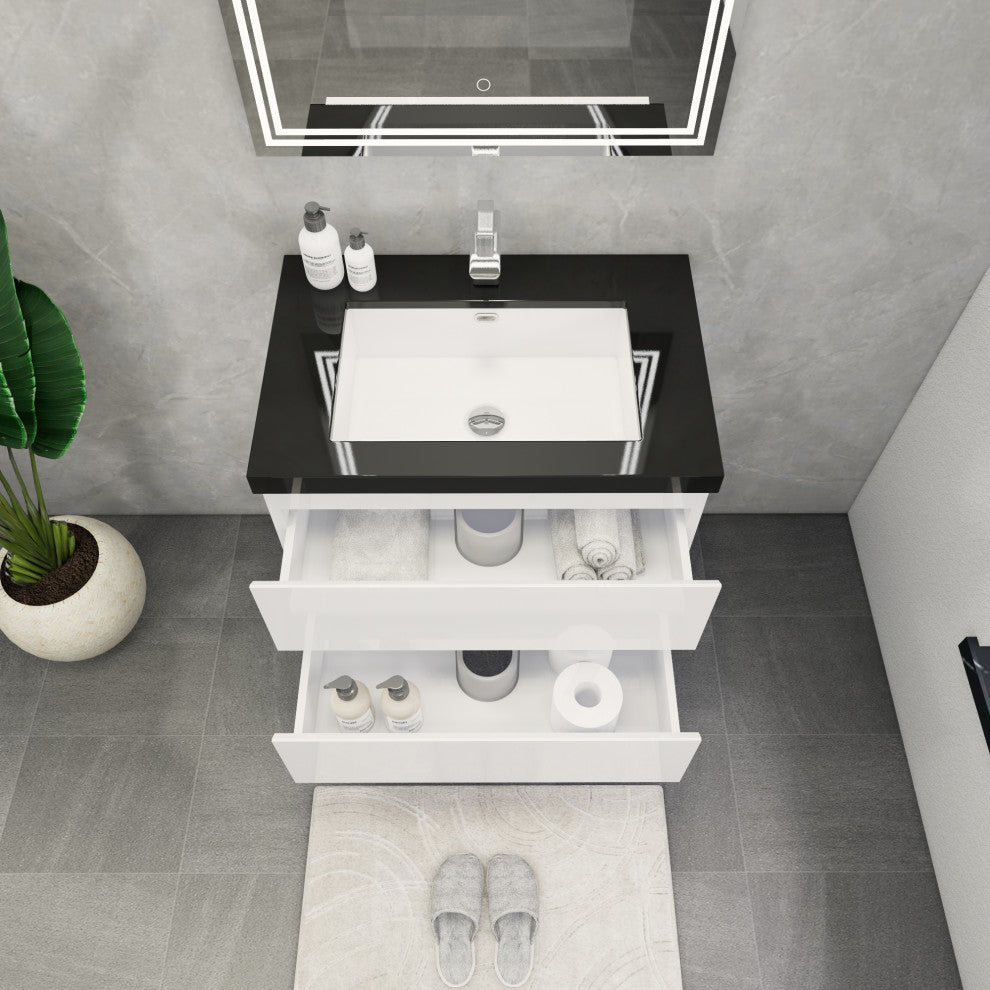 Belli 30" Wall Mounted Single Bathroom Vanity Set, Glossy White, Matt Black Top