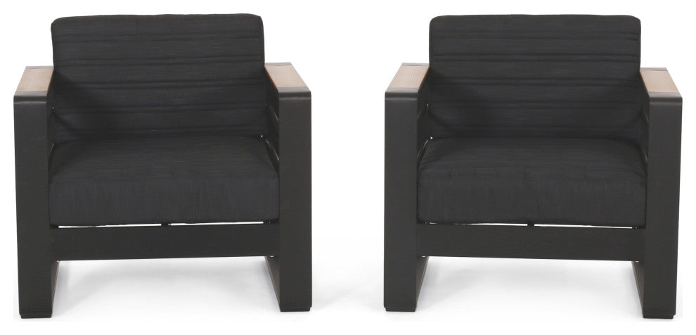 Neffs Outdoor Aluminum Club Chair With Faux Wood Accents, Black, Set of 2