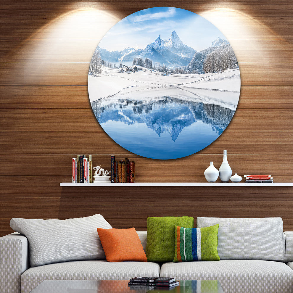 Icy Winter Mountain Alps, Landscape Photo Round Wall Art, 11"