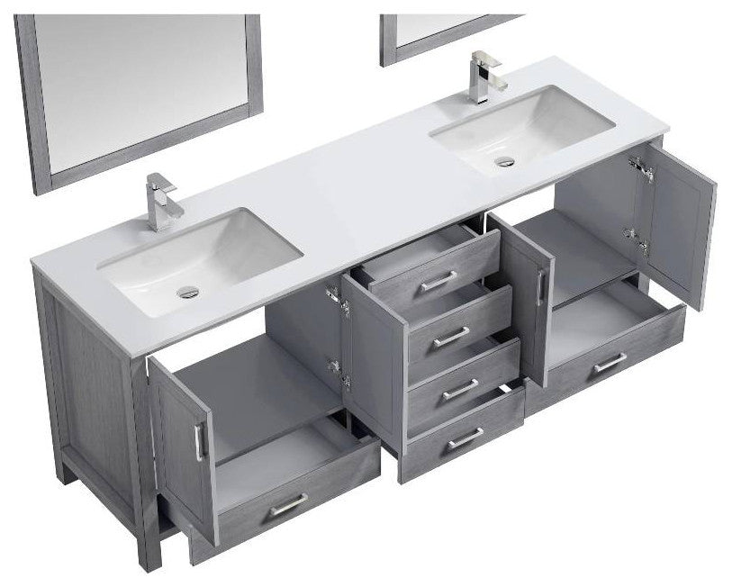 Jacques 80" Distressed Grey Double Sink Vanity with Quartz Top, With Mirror