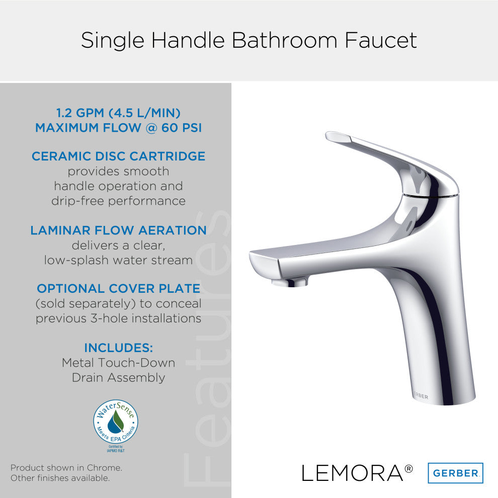 Lemora Single Handle Lavatory Faucet w/ Metal Touch-Down Drain Chrome, Brushed Nickel