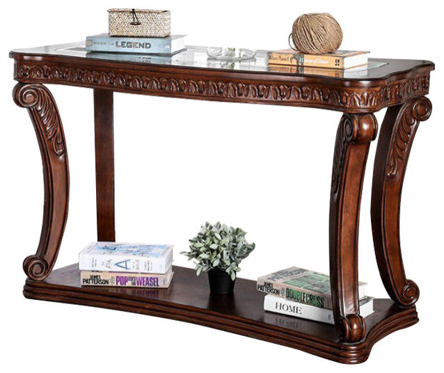 Tempered Glass Sofa Table, Dark Oak