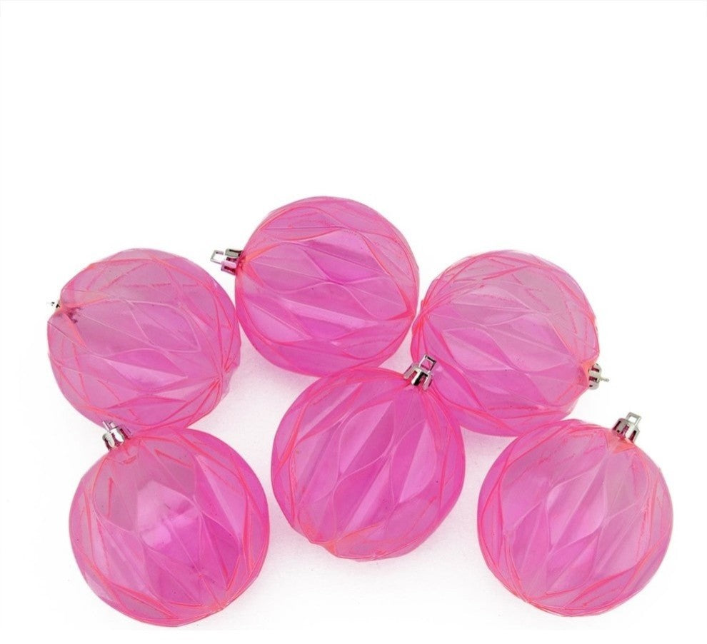 Transparent Rhombus Cut Shatterproof Ball Ornaments, Set of 6, Bubblegum Pink
