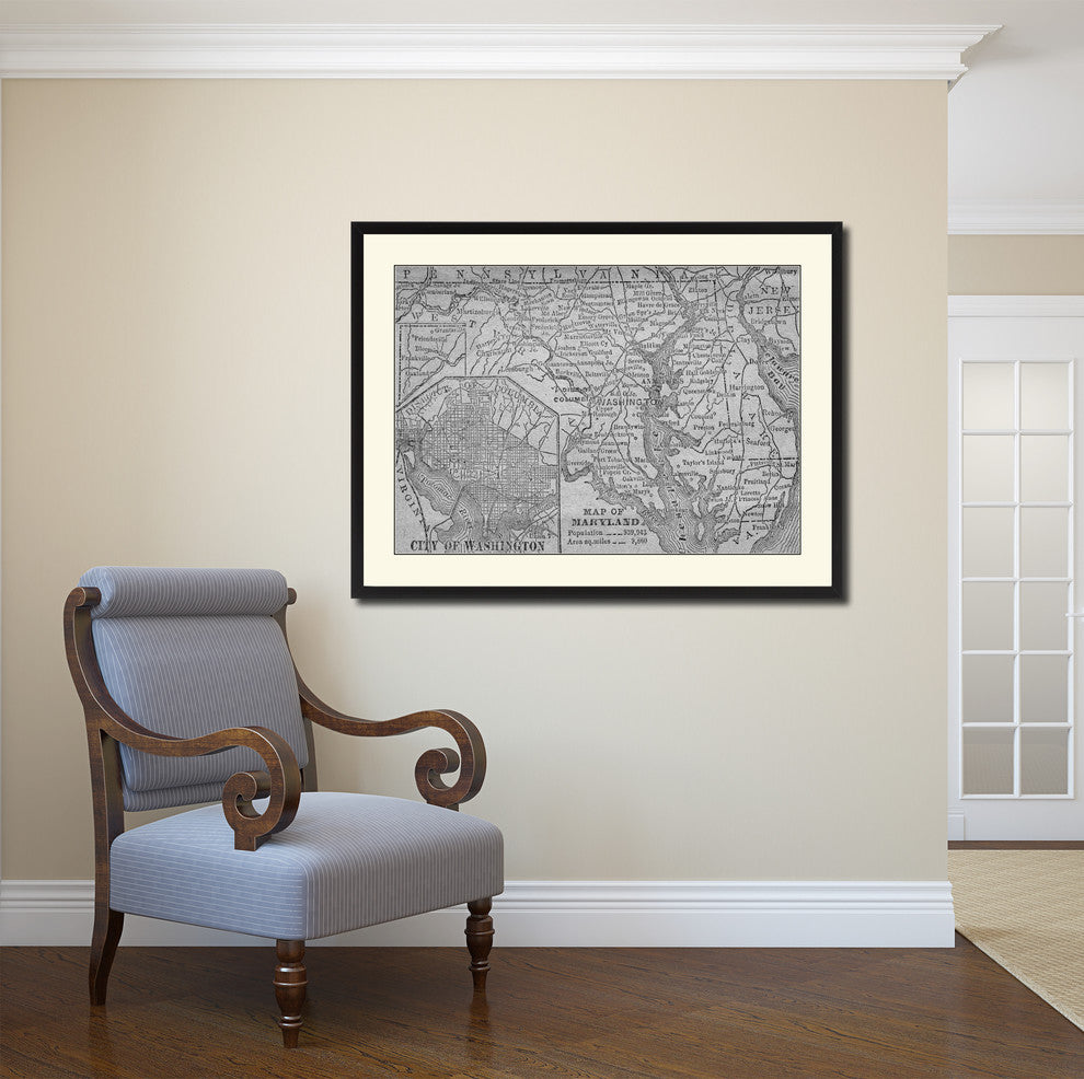 Maryland Vintage B&W Map Canvas Print, 28"x37"