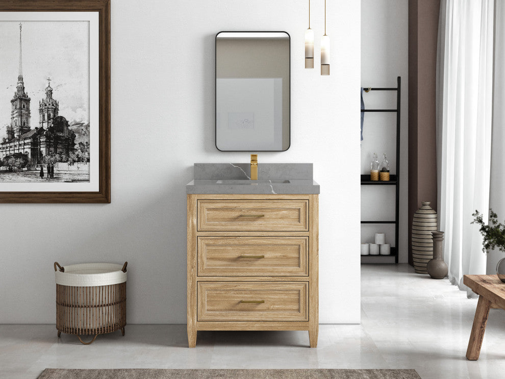 Santa Monica 30 Single Sink Bath Vanity in Whitewashed Teak 2" Piatra Gray