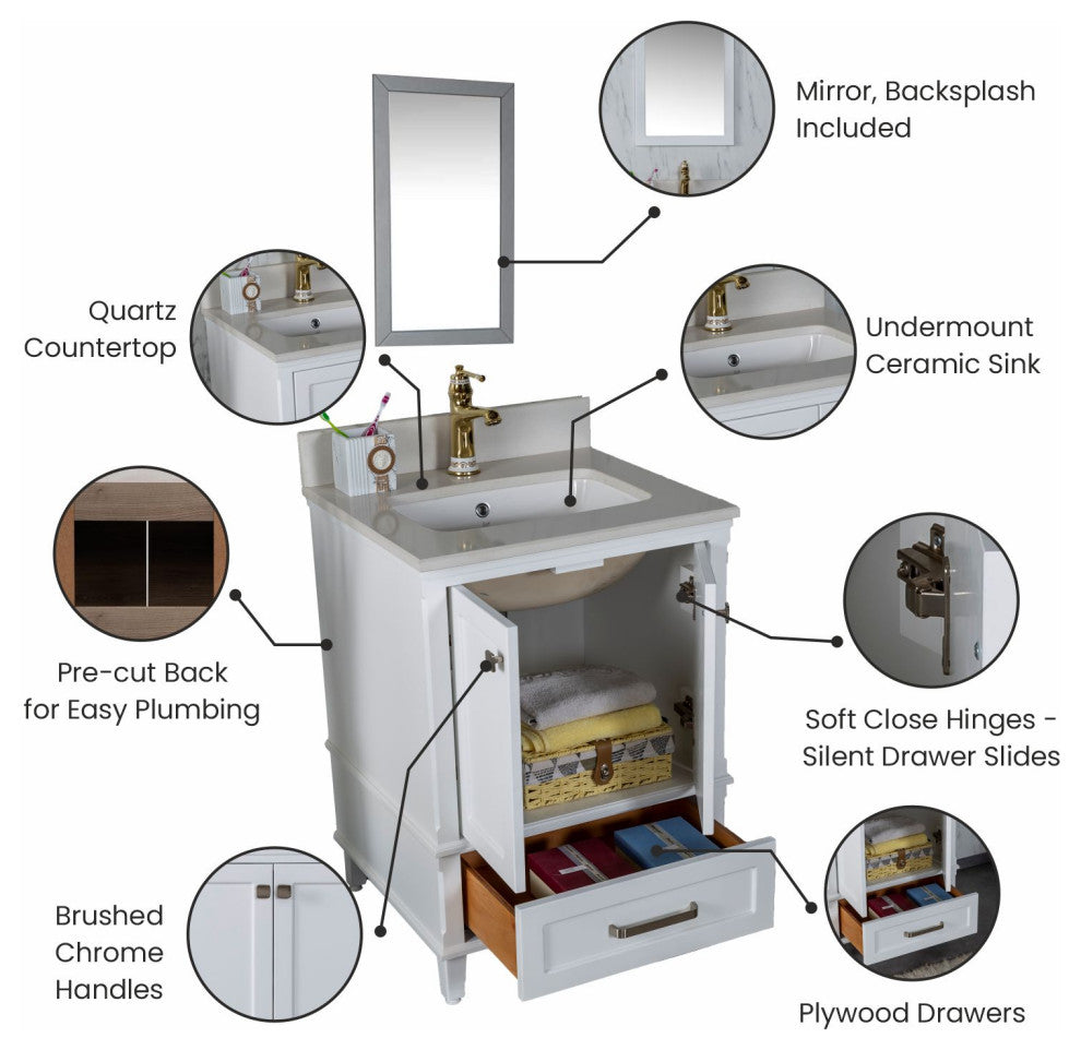 Nera Collection 24" Bathroom Vanity With Sink, Mirror, Countertop, White